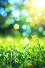 A natural spring garden background of fresh green grass for product displays using generative AI. Blurred nature background with loose grasses on sunny summer day.