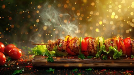 Appetizing hot kebab with vegetables on abstract background with bokeh effect.Tasty colorful food banner for presenting your menu in cafes and restaurants