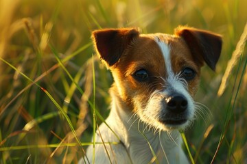 Wall Mural - A small brown and white dog sits comfortably in tall grass, awaiting its owner's return