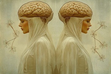 Canvas Print - Ancient inspired double profile with intricate brain patterns symbolizing the continuity of knowledge and wisdom in a timeless historical setting