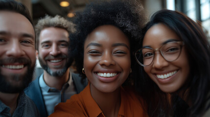 Diverse group of colleagues smiling for a selfie in a modern office, showcasing camaraderie and inclusivity in a casual work environment