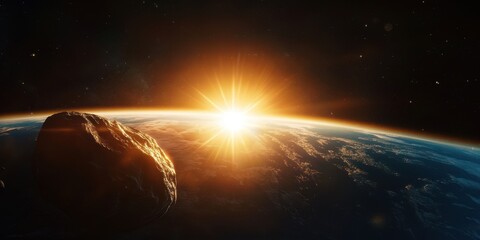 Wall Mural - asteroid apophis illuminated by sunlight with earth visible in the distance at dawn