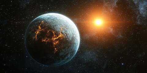 Wall Mural - Realistic depiction of a super-Earth exoplanet orbiting a star in deep space with vibrant details and cosmic surroundings