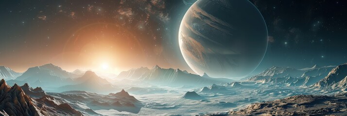 Wall Mural - Exoplanetary landscape with distant gas giant and sunrise illuminating rocky terrain
