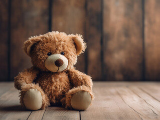 Wall Mural - Brown Teddy Bear Sitting on Wooden Floor