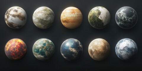Wall Mural - A diverse collection of realistic exoplanets showcasing unique geological features and atmospheric dynamics