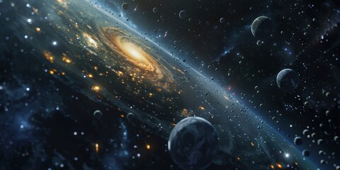 Wall Mural - a breathtaking view of a spiral galaxy surrounded by distant planets and cosmic dust in the vastness