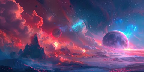 Wall Mural - a vibrant cosmic landscape featuring colorful nebulae, distant planets, and a mysterious mountain at