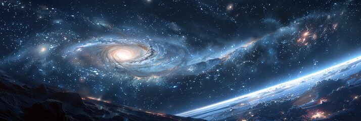 Wall Mural - vast galaxy swirl above planet earth showcases the beauty of space and the mysteries of the universe