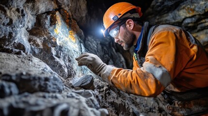 Mine engineer using a headlamp to inspect a freshly blasted rock face, searching for valuable minerals