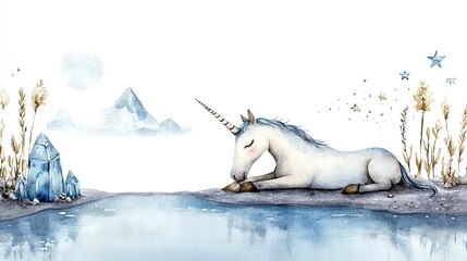 A serene unicorn resting by a tranquil lake, surrounded by mountains and crystals, embodying magical and fantasy themes.