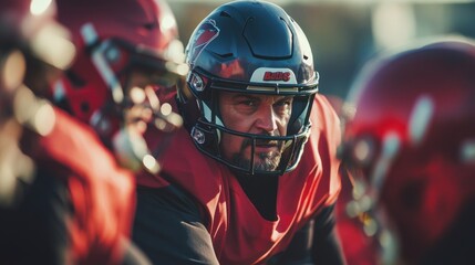 An American football giving instructions, with the players listening attentively.