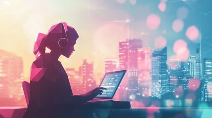 Silhouette of a Woman Working on a Laptop in a Cityscape Background