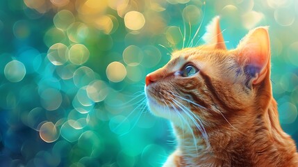 Canvas Print - A close-up of an orange tabby cat gazing thoughtfully against a vibrant, bokeh background.