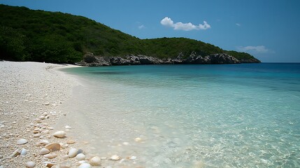 Wall Mural - A tranquil beach cove with clear blue water, white sands, and seashells scattered along the shore