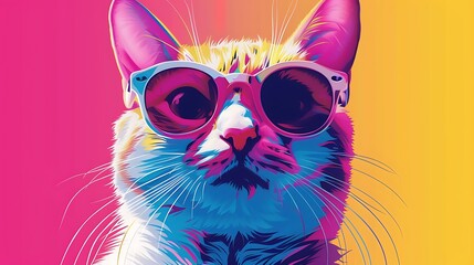 Wall Mural - A vibrant, stylized cat wearing sunglasses against a colorful background.