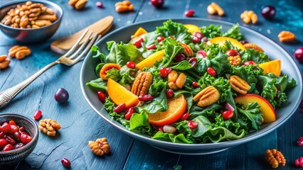  Leafy green salad with kale, spinach, and walnuts, nutrient-dense meal, brain health focus. copy space for text, no text