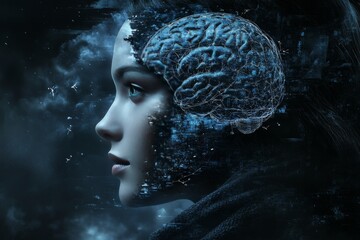 Canvas Print - Side profile of a woman with neural patterns symbolizing deep introspection and cognitive processes in a calm contemplative setting