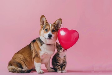 Wall Mural - Two pets, a dog and a cat, hold a heart-shaped balloon together