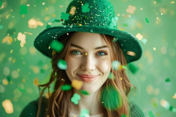 A cheerful woman wearing a green hat smiles amidst a shower of colorful confetti. The vibrant green background adds to the festive mood. Celebration of joy and fun. Generative AI