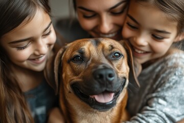 A joyful moment with a dog surrounded by two smiling girls and a woman, showcasing love and affection between pets and family