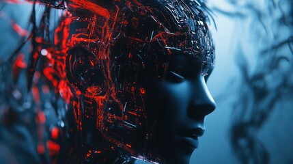 Cyborg Head with Red Glowing Circuits