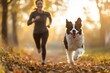 © InnovPixel - A person and a dog are joyfully running in a sunlit park filled with autumn leaves, showcasing a moment of exercise and companionship in nature