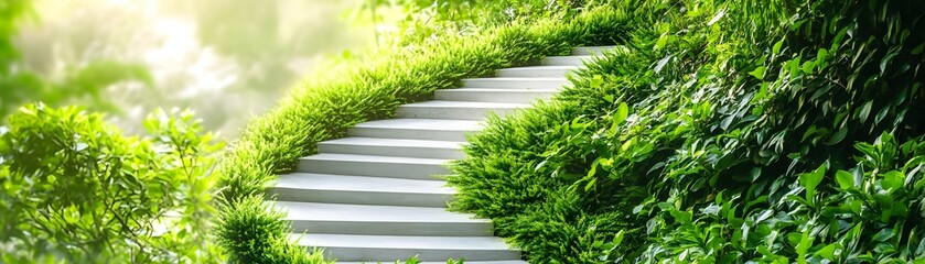 Poster - White Concrete Stairway in Lush Green Garden.