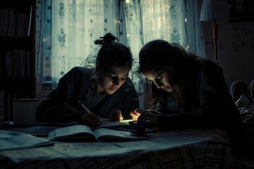 Two friends reviewing their phones at a table, possibly discussing something