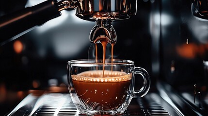 Coffee pouring from a coffee machine into a glass cup on a dark background 