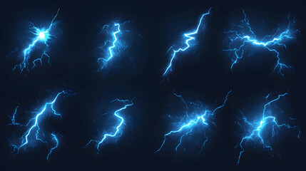 Cartoon lightning animation. Animated frames of electric strike, magic electricity hit and thunderbolt effect vector illustration set. Game asset collection of blue glowing storm bolts