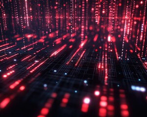 Futuristic Tech Grid Concept with 3D Wireframe and Floating Binary Codes