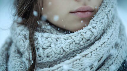 Wall Mural - Close-up of hand-knitted scarf with detailed yarn. Woman cozy in winter snow. Perfect for craft, hobby, and textile themes.