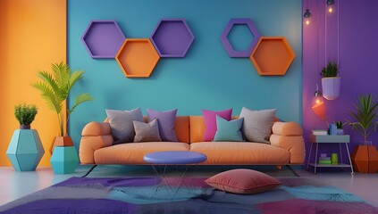 Wall Mural - A living room interior with an orange sofa, gray walls and hexagonal decoration on the wall. A table is placed in front of it.