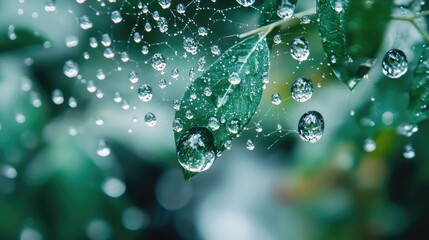 A close-up of raindrops on spiderwebs, capturing the delicate beauty and complexity of nature.