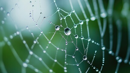 A close-up of raindrops on spiderwebs, capturing the delicate beauty and complexity of nature.