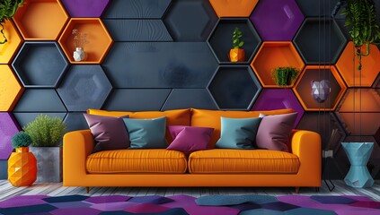 Wall Mural - A living room interior with an orange sofa, gray walls and hexagonal decoration on the wall. A table is placed in front of it.