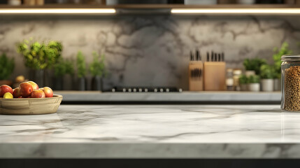 Wall Mural - Copy space of luxury table counter top on blur kitchen background. Food product display presentation. Generative Ai.