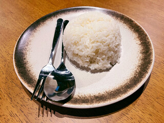 bowl of rice, White rice in bowl on table, Bowl of cooked Whole grain brown rice on wooden background overhead view