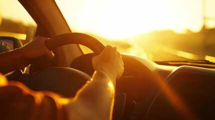 Wall Mural - close up of hands on the steering wheel driving down highway, sun shining through window Generative AI