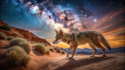 Wall Mural - Wily And Elusive Canine Prowling Through Rugged Desert Terrain Under A Canopy Of Stars