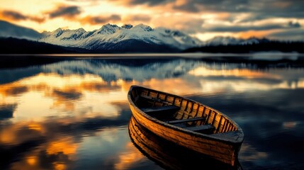 Canvas Print - Wooden Boat on a Calm Lake at Sunset with Mountain Reflections