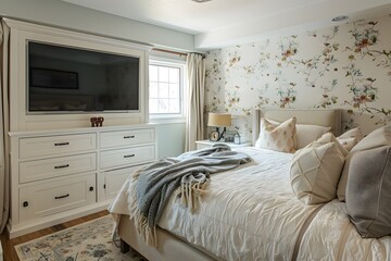 Wall Mural - Photo of A bedroom with floral wallpaper, featuring an elegant bed and TV on the wall above it. The room also has white cabinets for storage.