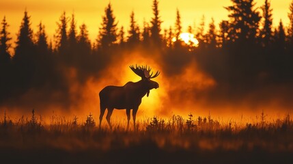 Canvas Print - Majestic Moose Silhouette at Sunset in Forest