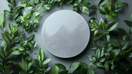 Poster - A circular gray surface surrounded by lush green foliage on a gray background.