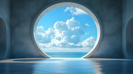 A circular window in a concrete wall reveals a stunning view of the ocean and sky.