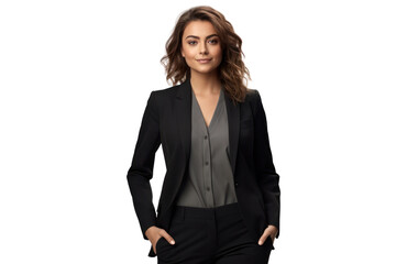 Wall Mural - A confident woman in a chic black blazer and tailored trousers strikes a pose , isolated on white background