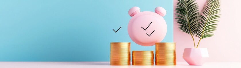 Wall Mural - Pink Alarm Clock with Check Marks and Stacks of Gold Coins on Pastel Background.