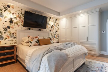 Wall Mural - Photo of A bedroom with floral wallpaper, featuring an elegant bed and TV on the wall above it. The room also has white cabinets for storage.