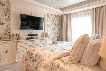 Wall Mural - Photo of A bedroom with floral wallpaper, featuring an elegant bed and TV on the wall above it. The room also has white cabinets for storage.